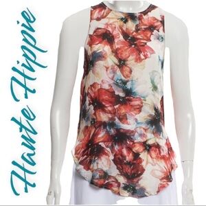 HAUTE HIPPIE 100% Silk Floral Cowl Neck Open Back Blouse,‎ Size XS